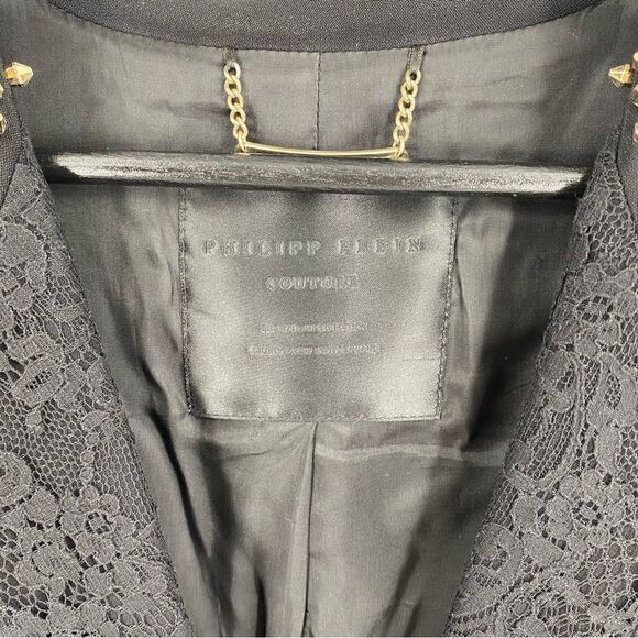 Philipp Plein Women’s Pleated Hemline Black Lace Detail 1 Button Blazer Jacket M - Picture 2 of 4